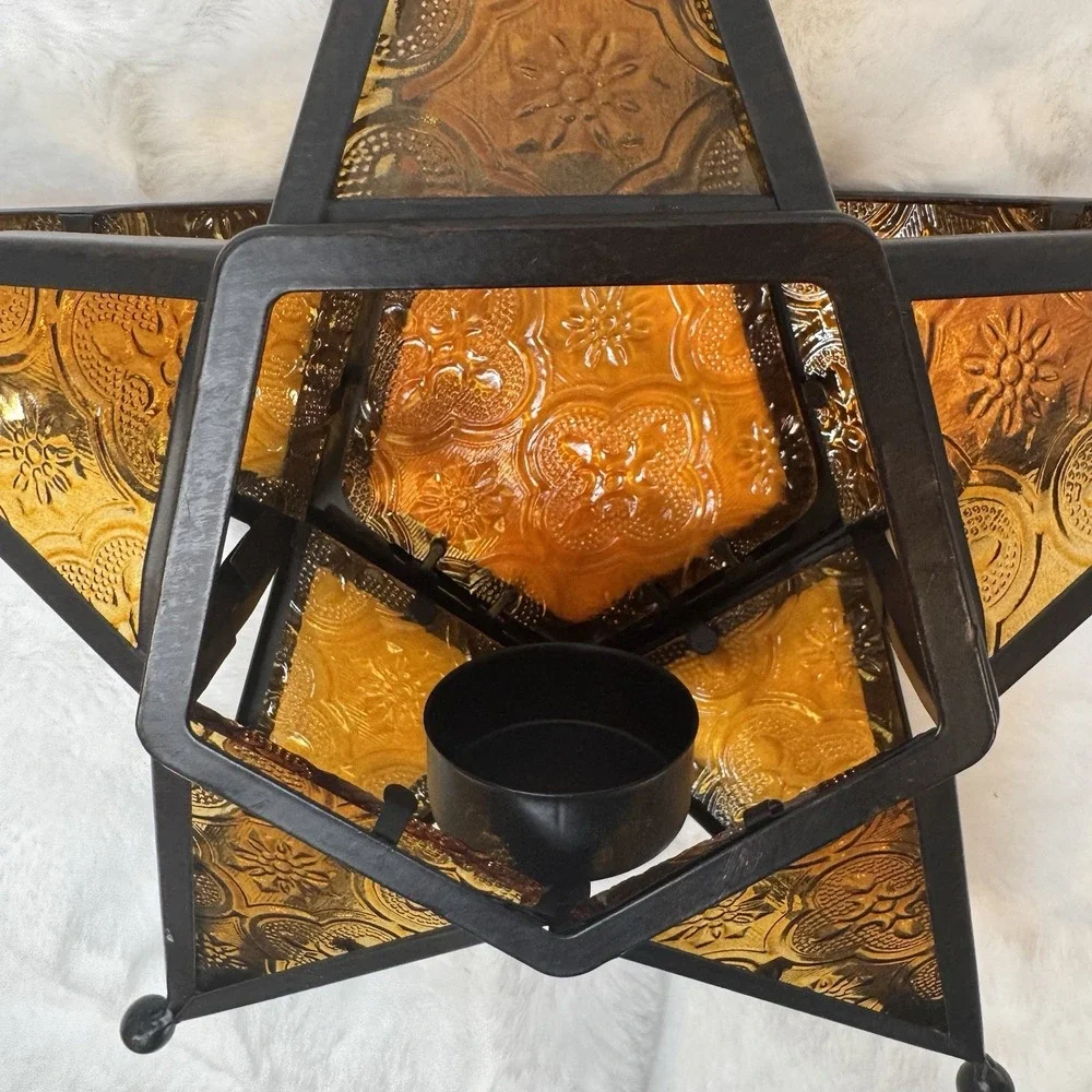 VTG Moroccan Star Style Amber Glass Metal Hanging Tea Light Candle Lantern 9.5
